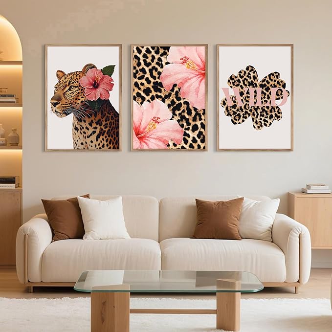 Trendy Leopard Wall Art Pink Cheetah Print Room Decor Leopard Flower Canvas Wall Decor Cheetah Aesthetic Poster Girly Pink Preppy Picture Funky Y2k Artwork for Girl Bedroom 12x16x3 Inch Unframed