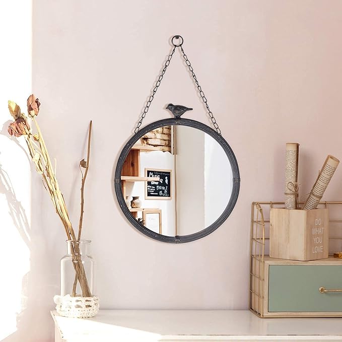 NIKKY HOME 11.2" Decorative Small Hanging Mirrors Vintage Rustic Round Metal Framed Wall Mounted Mirror Decor with Bird for Bathroom Living Room Office, Antiqued Black