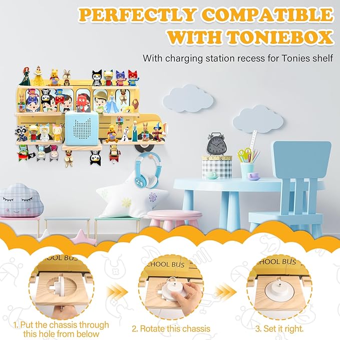 School Car for Tonies Box 1/2 Tonies Figures Organizer Storage Shelf Wall Mounted, Magnetic Display Collection 30~40 Characters Floating Shelves Storage Player, Earphones