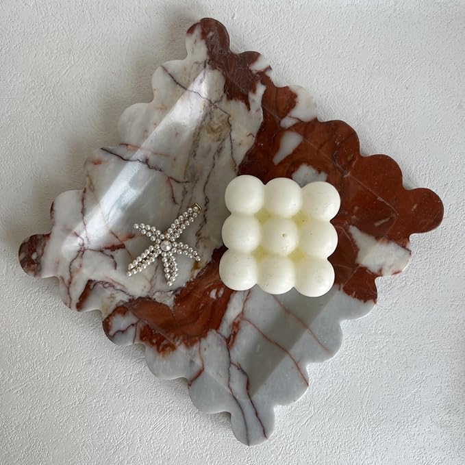 Vintage Natural Marble Tray Small Ornaments Scalloped Tray Handmade Storage Dish for Counter, Vanity, Dresser, Nightstand and Desk (Calacatta Red)
