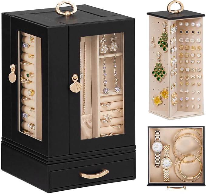 Enthralite Jewelry Box Large for Dresser: Women Necklace Ring Storage Organizer with Compartments - Elegant Earring Holder Display - 360° Rotating Jewelry Organizer with Glass Door