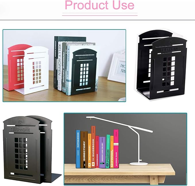 MerryNine 4 Pack Book Ends, Metal Bookends for Shelves, Telephone Booth Decorative Bookends, Non Skid Heavy Bookends, Book, Magazine or CD Organizers for Home and Office (Black-4pcs)