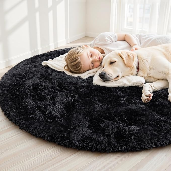 Black Round Fluffy Rug 6ft Plush Fuzzy Shaggy Carpet,Soft Rugs for Living Room for Nursery,Preppy Dorm,Classroom,Playroom,Teen,Baby Home Decor (Black 6"x6")