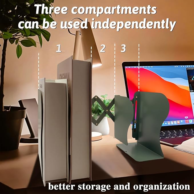 Adjustable Bookends Non Skid Decorative Bookends,Metal Bookend for Heavy Books,Bookshelf Organizer Holder for Books and Magazines for Desk(Green)