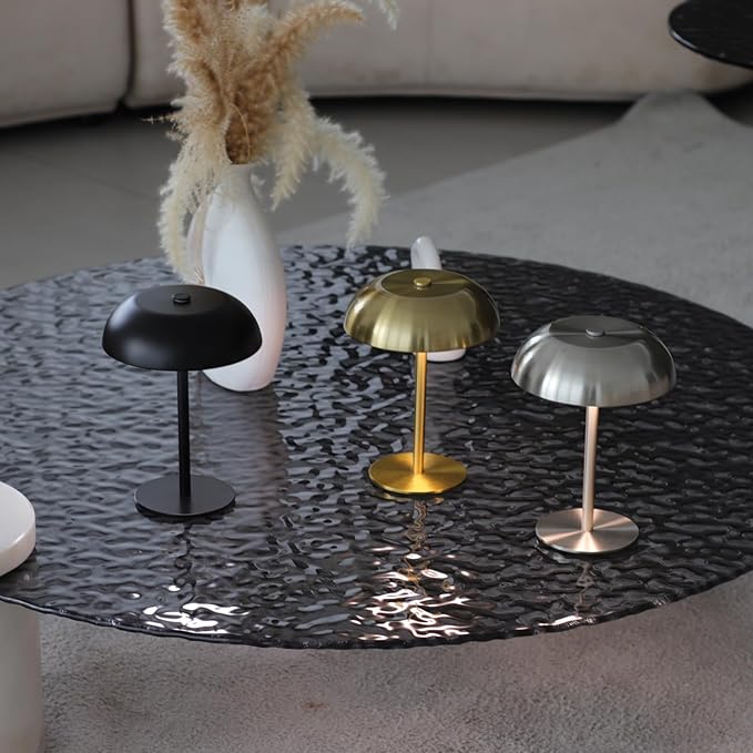 Portable LED Mushroom Table Lamp, 8.46'' Metal Small Cordless Desk Night Light with 5200mAh Rechargeable Battery, Stepless Dimming Lamp with 3 Colors for Bedroom/Bar/Coffee Shop (Black)