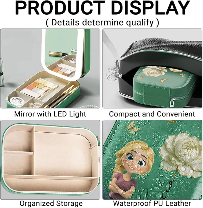 Wrappiness Women & Girls Floral Makeup Box With LED Mirror - Personalized Birthmonth Flower Travel Jewelry Organizer Gift for Daughters Sisters on Birthday Christmas Graduation Wedding