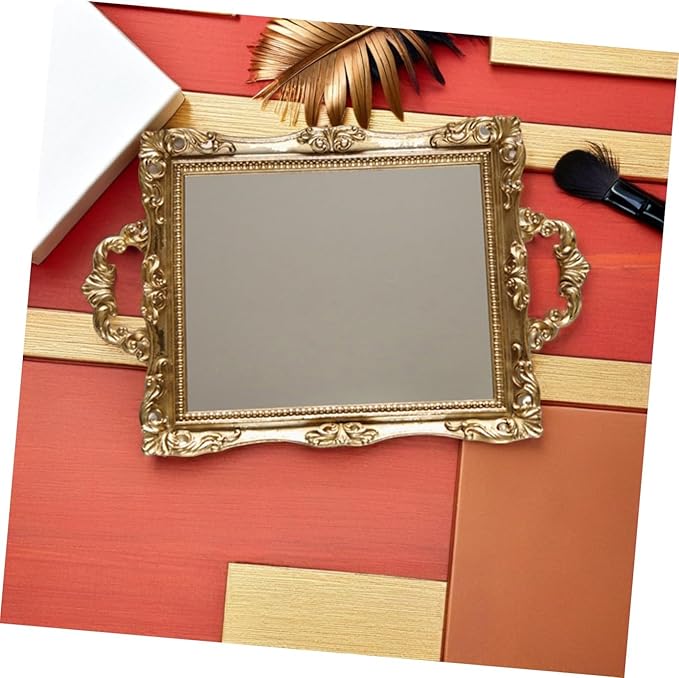 NUOBESTY Vintage Carved Mirror Tray Resin Decorative Plate Nordic Style Wedding Storage Tray Golden Retro Makeup Organizer for Bedroom Vanity Home Decor