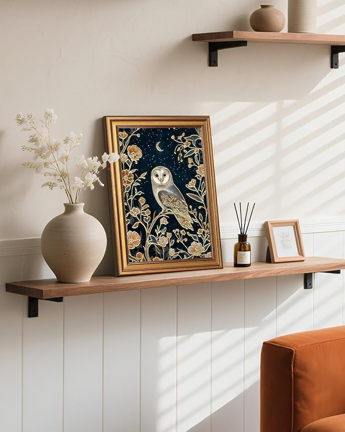 InSimSea Gold Framed Canvas Prints Wall Art, 3D Embossed Vintage Decor, Owl in Enchanted Forest Aesthetic Paintings, Dark Cottagecore Wall Decor for Bedroom Living Room Bathroom Shelf, 12x16inch