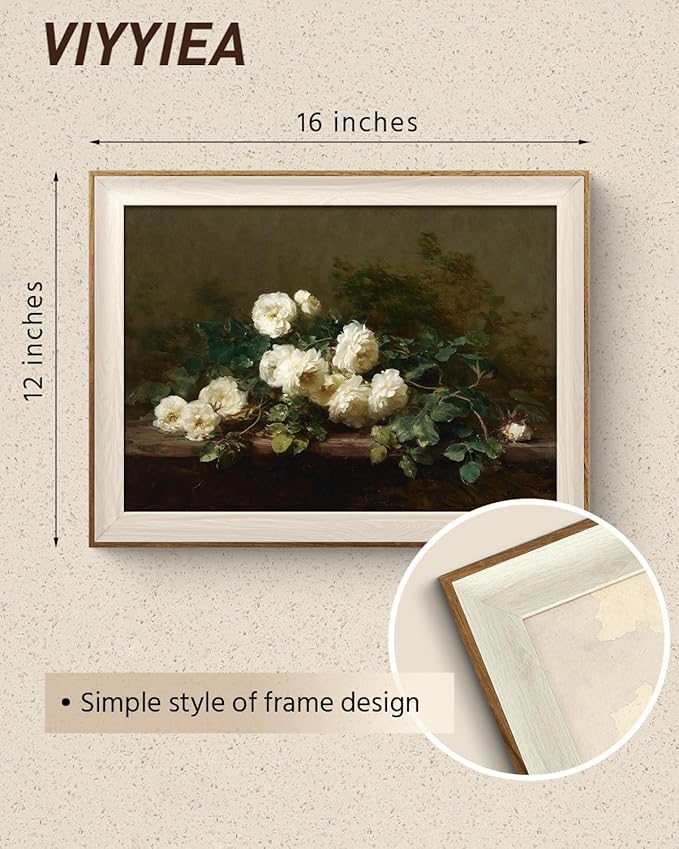 VIYYIEA Vintage Framed Wall Art for Living Room, White Rose Canvas Prints, Oil Painting Home Decor, Flowers Picture, Bathroom Wall Decor Gifts for Friends or Family - 16L x 12W