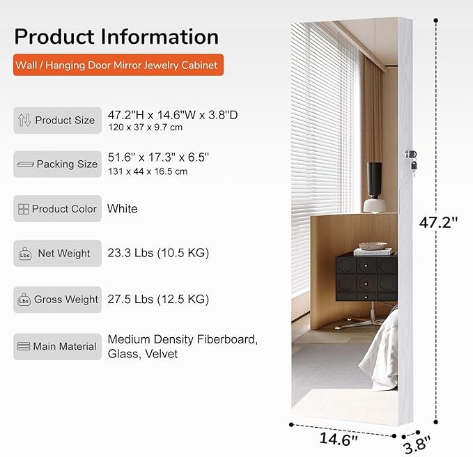 GISSAR Full Length Mirror Jewelry Cabinet, 6 LEDs Jewelry Armoire Wall Mounted Over The Door Hanging, Jewelry Organizer Storage with Lights Lockable White