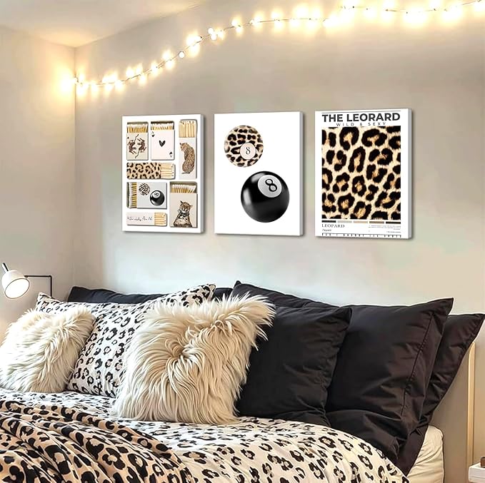 Framed Trendy Leopard Canvas Wall Art Set of 3, Preppy Cheetah Lucky 8 Ball Pictures Wall Decor Prints, Funky Y2K Paintings Girly Aesthetic Home Decor for Living Room Bedroom Dorm 12x16 inch