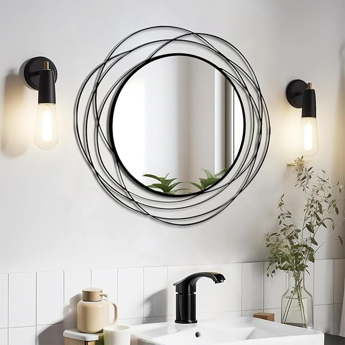 HQiJun Round Wall Mirror - 26.8" Large Black Circle Mirror for Wall with Art Decorative Durable Metal Frame, Modern Hanging Mirror for Bathroom Over Sink, Bedroom, Entryway, Vanity or Living Room