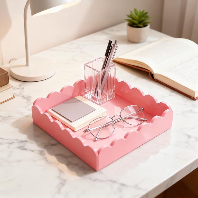 Acrylic Tray, Scalloped Glossy Pink Acrylic Decorative Tray for Home Decor, 8x8 Inch Acrylic Organizer Tray for Vanity Countertop Makeup Skincare Square Acrylic Storage Tray (Square Pink)