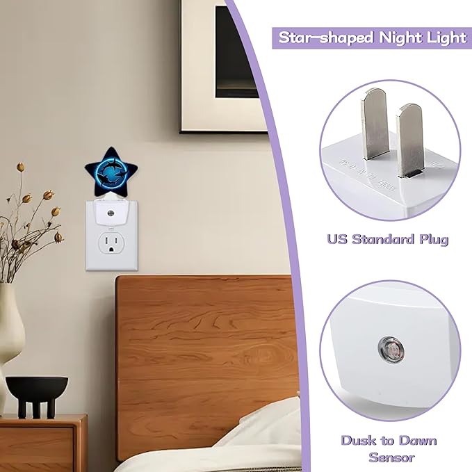 Shark Decorative Nightlight Plug in Wall,Blue Ocean Sea Star Shaped Night Light with Built in Sensor for Home Decor,Kitchen Hallway Stairs Desk Lamp