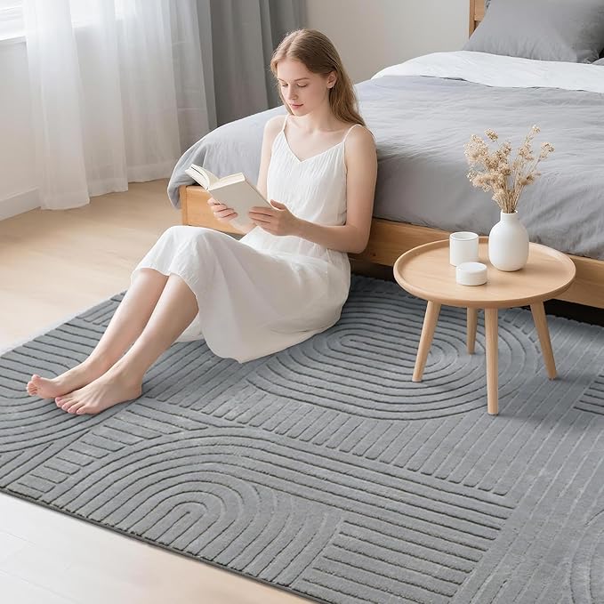 5x7 Solid Color Area Rugs – Washable Living Room Rug, Durable Non-Slip Indoor Carpet with Soft High-Low Pile, Fluffy Floor Rugs for Bedroom, Bedside, Kids Room, Dorm, Nursery, Home Décor, Grey