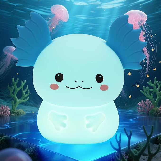 Axolotl Night Light for Kids, 7-Color Changing & 3 Adjustable Brightness Levels,Rechargeable Silicone Bedside Lamp, Animal Night Lamp for Kids Room,Gift for Boys & Girls,Axolotl Nightlight
