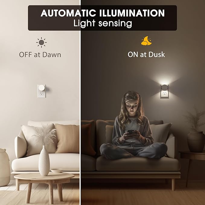 Briignite Night Light[2 Pack], Night Lights Plug into Wall, 3 Level Brightness Adjustable Plug in Night Light, Dusk to Dawn Sensor, Nightlights for Adults, Bedroom, Bathroom, Hallway, 5000K