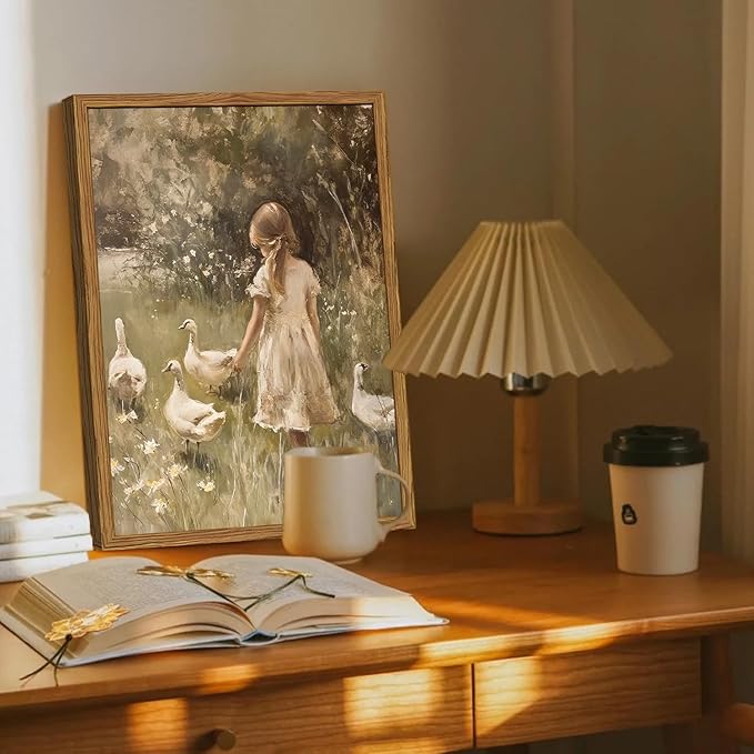 Framed Vintage Wall Art, Rustic Cute Girl with Duck Pictures Wall Decor, Farmhouse Cottagecore Paintings Country Nature Animal Canvas Prints for Living Room Bedroom Home 12x16 inch