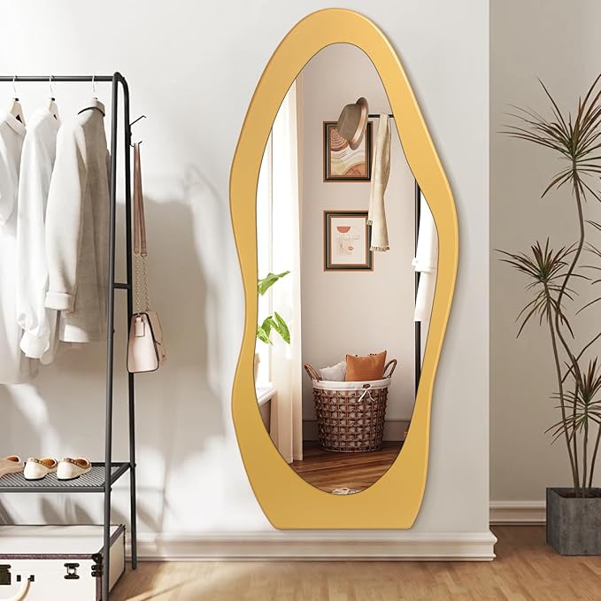 Full Length Mirror Gold Wooden Full Body Mirrors 59"x24" Irregular Wavy Mirror Full Length Floor Mirror for Cloakroom Bedroom Living Room