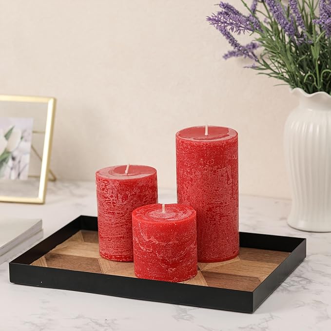 3x4 Inch Bright Red Pillar Candles Set of 3 - Hand-Poured Unscented Candles, Long Clean Burning, Large Big Candle, Smokeless Dripless Candle for Dinner Table, Wedding, Home, Rustic Decor