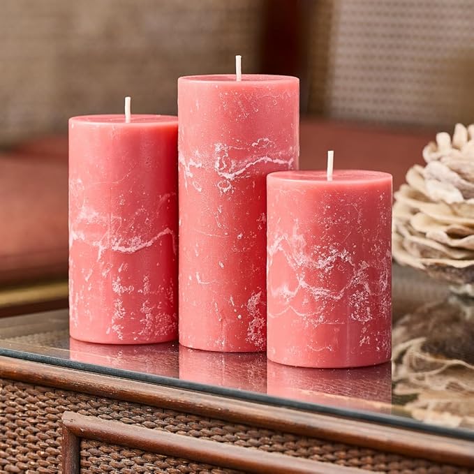 Pink Scented Pillar Candles Set of 3, 3x4, 3x5, 3x6 Pink Candles, Peony Rose Pilar Scented Candle, Ideal as Wedding, Parties, Spa, Dinner, Home Decor, Church
