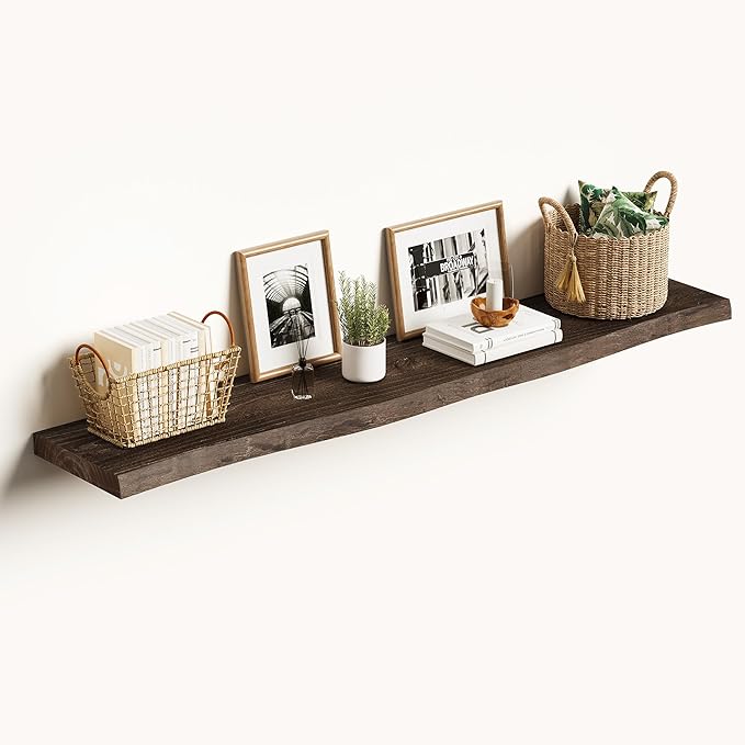 Vivelove Live Edge 48 Inches Floating Shelves for Wall, Elm Wood, Rustic Farmhouse Wall Shelf with Invisible Bracket for Living Room Bedroom Bathroom Office Book - Set of 1 - Dark Walnut