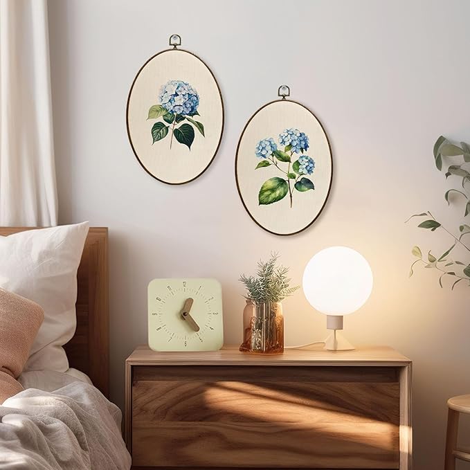 JQF Blue Hydrangea Floral Oval Wall Decor, Cottagecore Floral Botanical Oval Canvas Wall Art, Neutral Antique Flower Framed Prints Hanging Decor for Home Bedroom Living Room, 8.5x11.5 Inch Set of 2