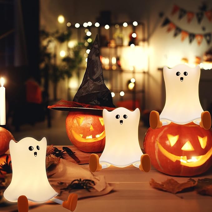 Ghost Night Light Silicone Cute Halloween Ghost Decor Night Light for Breastfeeding Squishy Ghost Nightlight Cordless Rechargeable Dimmable Touch Fun Bedside Light Lamp for Halloween Gifts