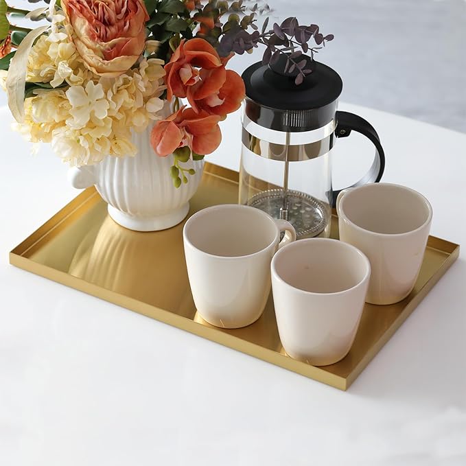 FREELOVE Gold Tray for Bathroom Vanity Brass Decor, Small Candle Holder, Rectangle Soap Dish, Brushed Square Plate, Coffee Table Toilet Back Modern Antique, 10''X15''