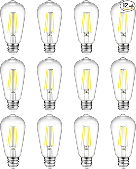 Ascher Vintage LED Edison Bulbs, 6W, Equivalent 60W, Non-Dimmable, Daylight 5000K, 700Lumens, ST58 Antique LED Filament Bulbs with 80+ CRI, E26 Medium Base, Clear Glass, Pack of 12
