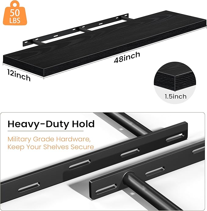 Fun Memories 48 Inch Floating Shelves, 12 Inch Deep Wall Shelves, 48 x 12 Floating Shelf Set of 2, Black Rustic Wood Floating Shelf Wall Mounted for Large Kitchen Living Room Bedroom Bathroom Storage