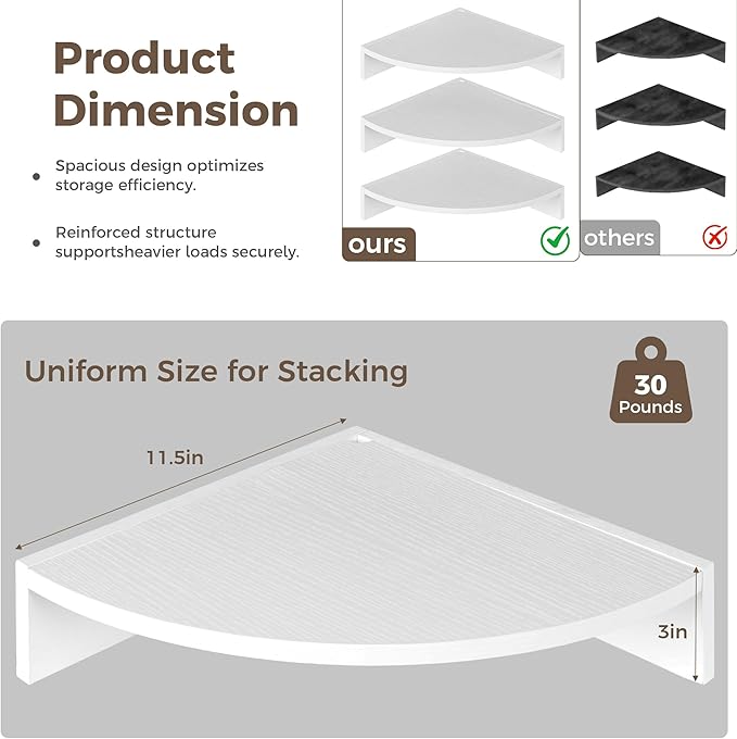 Corner Shelves 3-Pack for Bathroom & Kitchen, Space-Saving Floating Corner Wall Shelf with Easy Installation- White