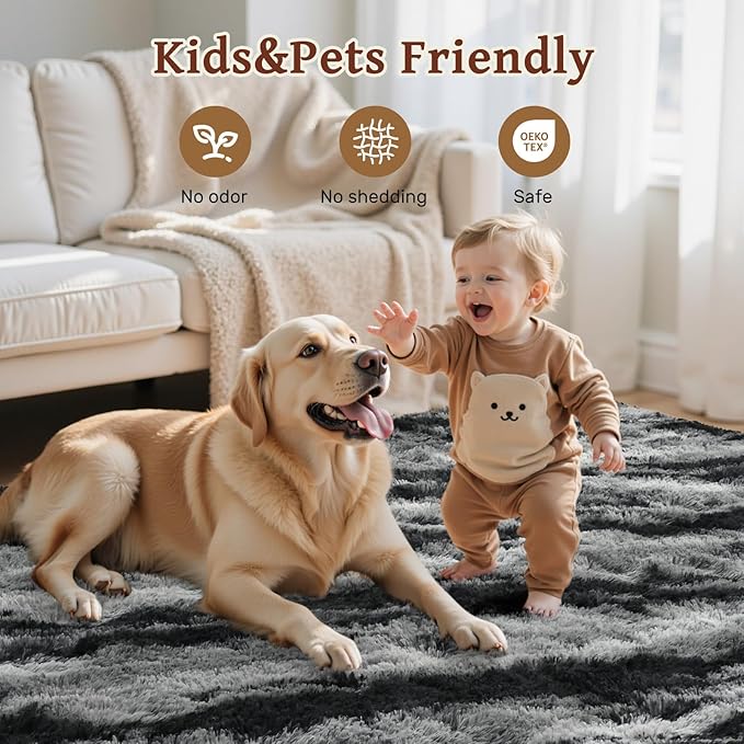 Area Rugs for Living Room 6x9 Feet, Soft Fluffy Shagg Plush Bedroom Rug Non-Slip,Large Carpet for Nursery Kids Dorm Home Decor Zebra Black