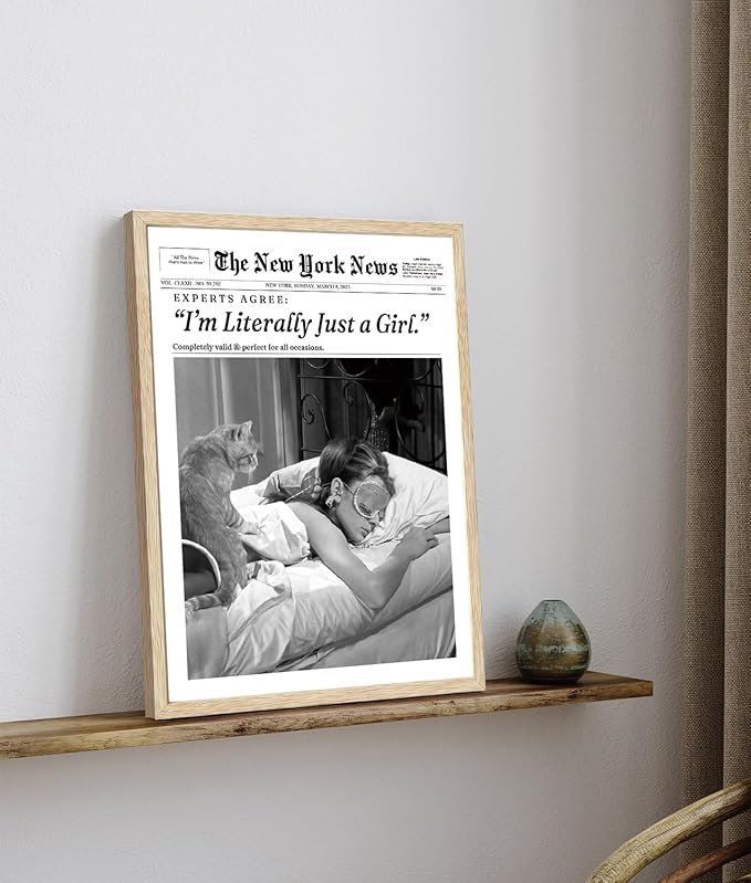 Bwodke OAK Wood Framed Wall Art Audrey Hepburn Magazine Canvas Art I‘m Literally Just a Girl Pictures Wall Decor Trendy Prints Vintage Newspaper Artwork for Girly Dorm Bedroom 12"x16"