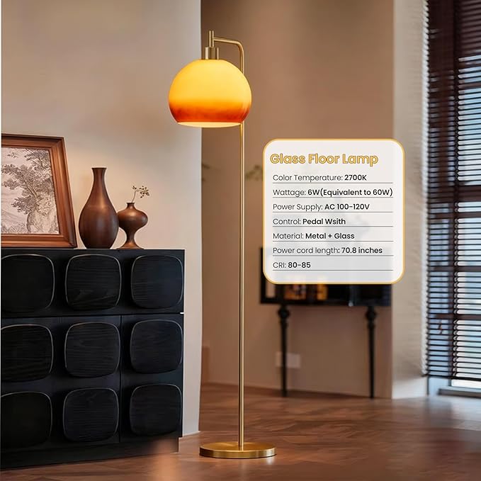 Glass Floor Lamp,67" Modern Standing Lamp with Sunset Grapefruit Glass Lampshade Metal Pole for Living Room, Bedroom, Office - Heavy Base,Pedal Switch (Include Bulb)(Gradient)