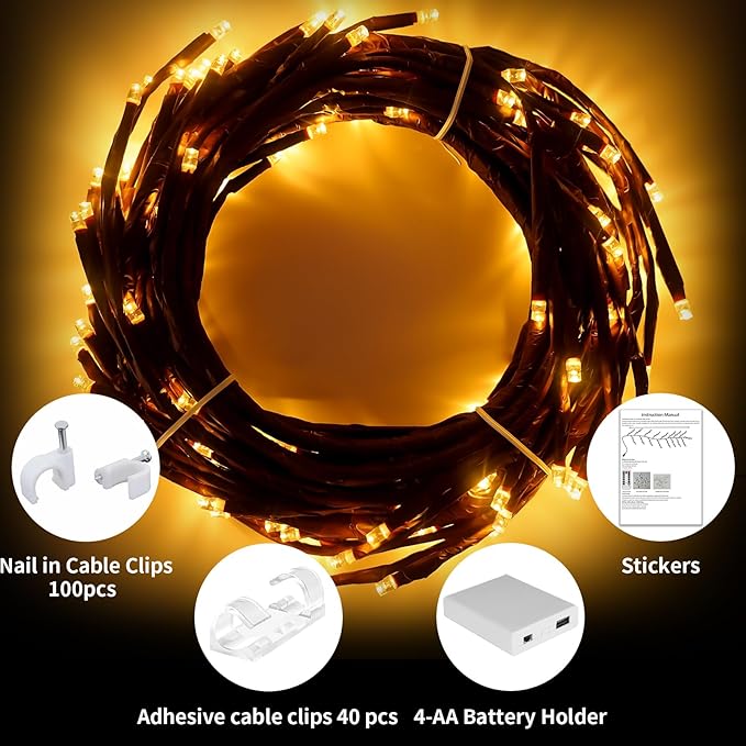 FNHMSL Enchanted Willow Vine Lights 7.55FT 144LED 1 PCS Brown Tree Branch Lights for Wall, Remote Timer,8 Light Model,Bedroom Wall Doors Wedding, Christmas, USB Battery Box
