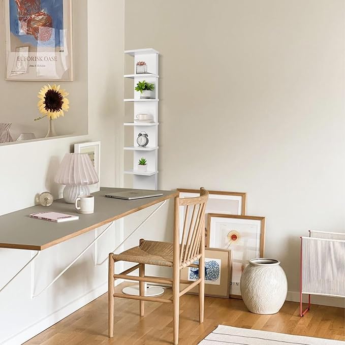 7 Tier Wall Shelf Unit - Narrow Smooth Laminate Finish - Vertical Column Wall Decor Mount Floating Storage Home Decor Organizer Tall Tower Utility Shelf for Bedrooms, Living Rooms(White)