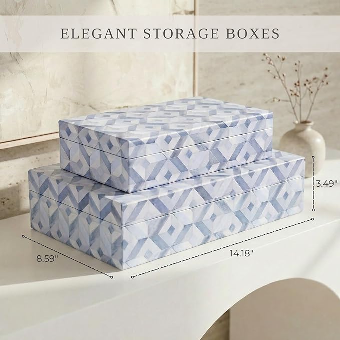 ZICOTO Decorative Storage Boxes with Lids - Set of 2 Beautiful Organizer Bins for Your Bookshelf Home Decor - Safely Store Photos, Documents and Memory Box Keepsakes on Your Shelves in Style