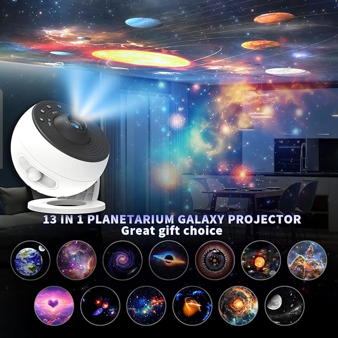 13 in 1 Planetarium Projector, Galaxy Star Projector for Bedroom with Constellation Solar System, 360° Rotating Ceiling Night Light Projector with Timer HD Projection for Kids Adults Room Decor Gift