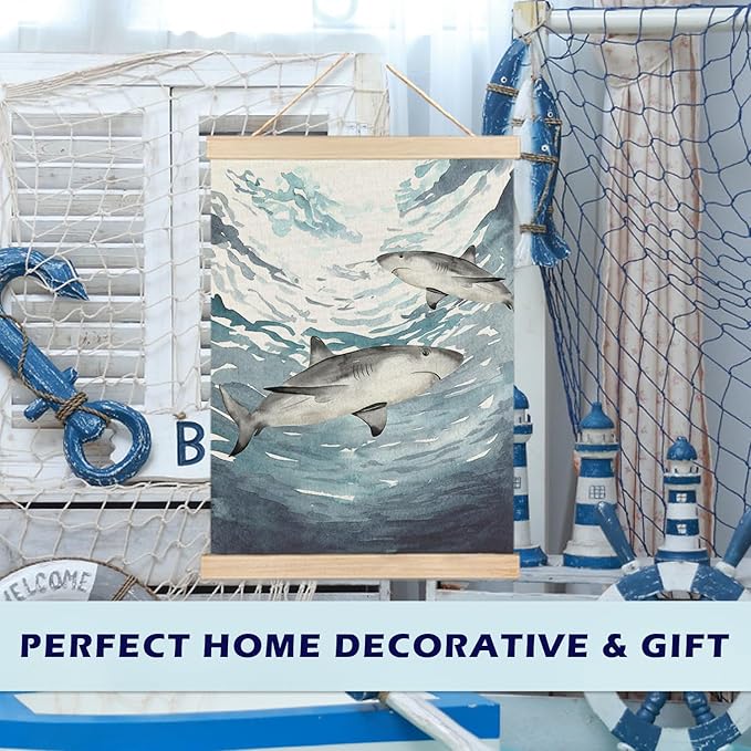 RYYCDOI Shark Wall Decor, Shark Bathroom Decor, Under the Sea Wall Art for Nursery Kids Room, 12x16 Inches