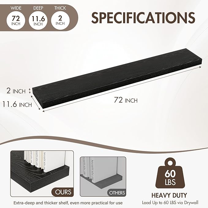 Acovy 72 Inch Floating Shelves, 12" Deep Floating Shelf Wall Mounted, 72" Wall Shelves, Rustic Deep Bookshelf, Extra Deeper & Thicker Display Shelves for Bedroom, Living Room, Black, Set of 1