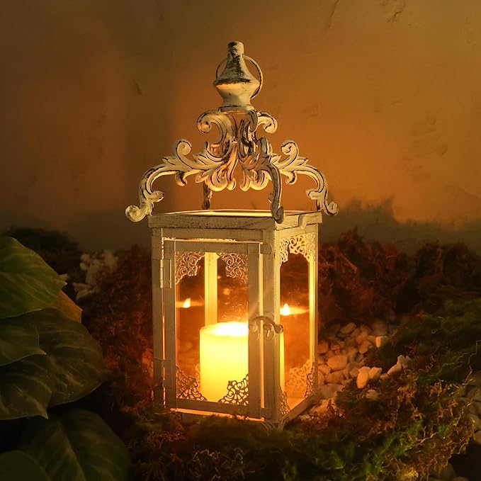 DECORKEY Large Candle Lantern, Decorative Hanging Lantern, Vintage Metal Tabletop Lantern for Outdoor Patio Rustic Home Decor, Candle Holders with Clear Glass (White)