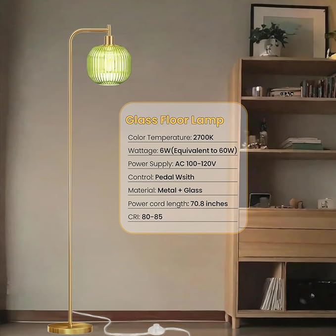 Mid Century Modern Floor Lamp, 67" Tall Standing Lamp with Transparent Green Glass Shade, Vintage Gold Floor Lamp for Living Room Bedroom, Stable 6.2lbs Weighted Base, ST64 LED Bulb Included