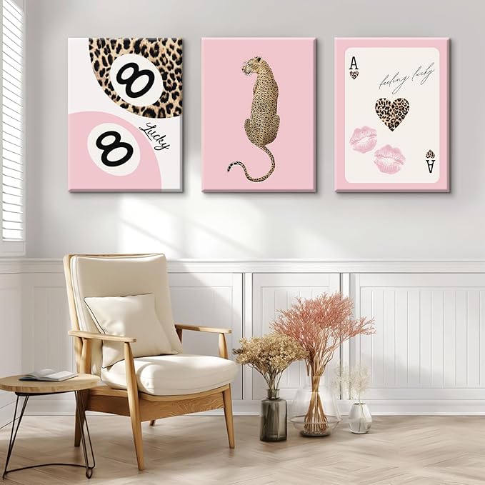 Cheetah Trendy Wall Art Preppy Leopard Canvas Print Cheetah Room Wall Decor 8 Ball Poster Y2k Pink Coquette Luxury Print Lucky Aesthetic Fashion Pictures for Bedroom 12x16x3 Inch Wrapped Canvas