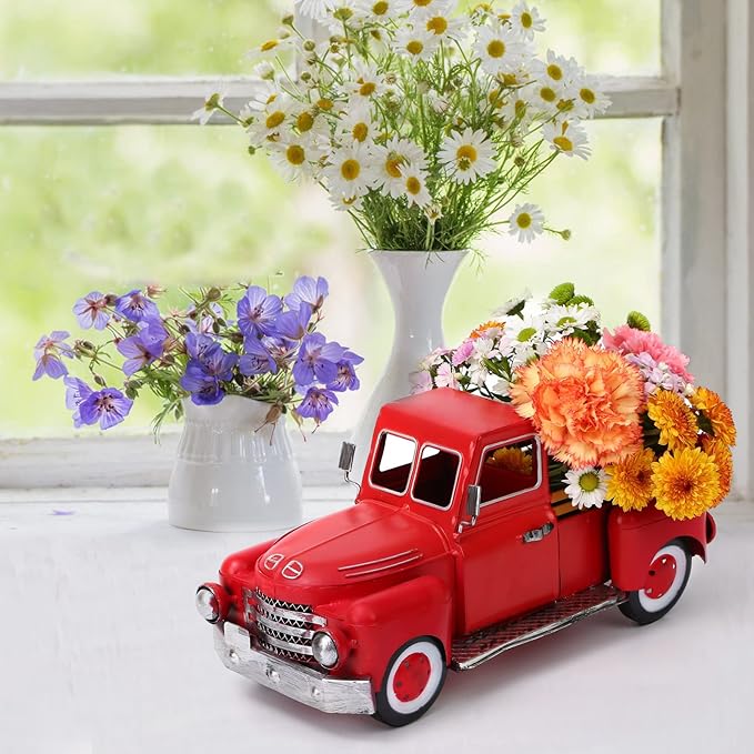 Vintage Red Truck Decor, Farmhouse Metal Outdoor/Indoor Pickup Planter, Christmas Red Trucks Decorations, Decorative Tabletop Storage,Gift Basket for Holiday