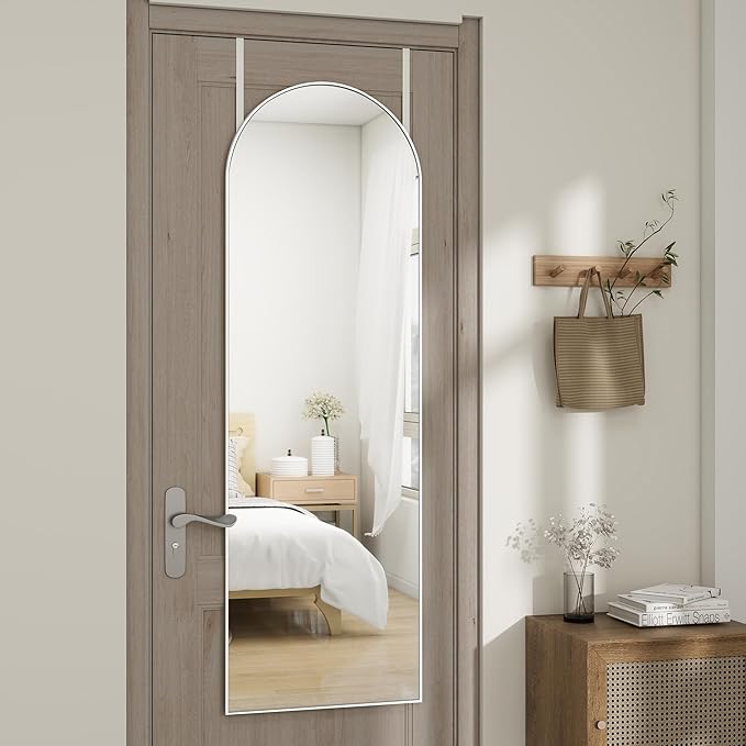 Arched Full Length Door Mirror 14x48, Metal Frame with Protective Film, No-Drilling Hanging or Wall Mount, Hooks & Hardware Included, Full Body Mirror for Bedroom, Dorm, White