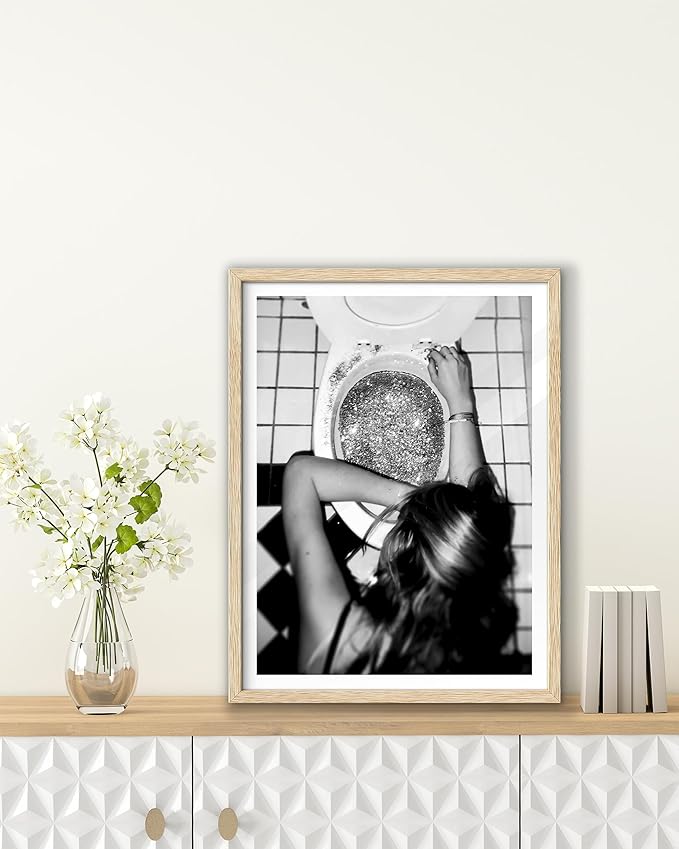 EcoHest Trendy After the Disco Party Framed Wall Art, 12x16 in OAK Wood Black and White Funny Bathroom Canvas Art, Teen Girl Poster College Dorm Decor, Set of 1 for Bedroom Living Room
