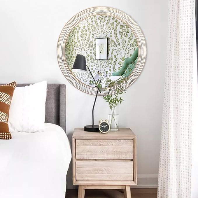 Reflinto 30 Inch Rustic Farmhouse Wooden Round Mirrors for Wall Decor, Boho Circle Decorative Mirror for Bathroom Over Sink, Living Room, Foyer, Entryway, Hallway