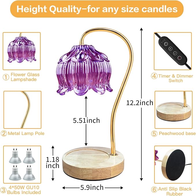SupBri Dimmable Flower Candle Warmer Lamp, Purple Candle Warmer with Timer & 4Bulbs, Womens Gifts for Valentines Birthday, Unique Home Decor for Bedroom Living Room Decor Aesthetic