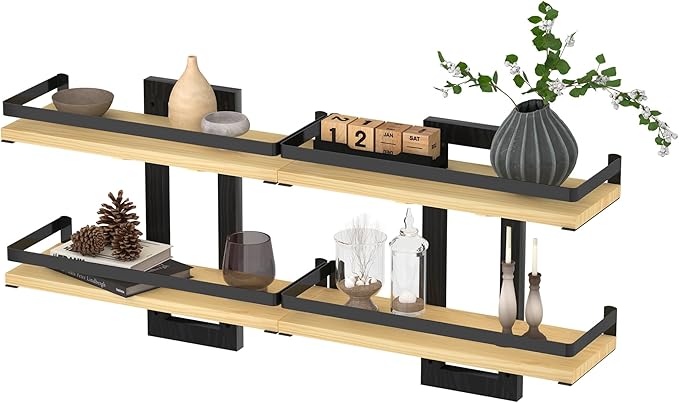 Floating Shelves for Wall, 2-Tier Wood Hanging Decor Storage Shelves, Wall Mounted Floating Shelf for Living Room, Bedroom, Bathroom, Kitchen, Office, Study (2-Pack Wood)